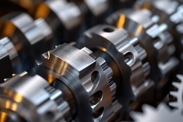 Close-up of polished metallic gears with intricate teeth and smooth surfaces lined up in mechanical assembly under warm lighting