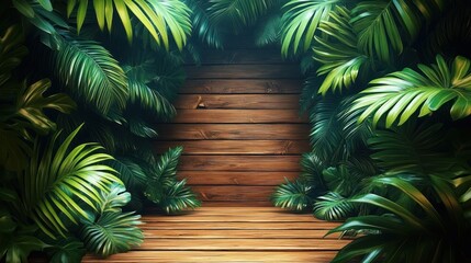 Lush green tropical leaves surrounding a wooden deck with wooden wall in the background, creating a natural and serene atmosphere