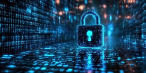 Glowing digital padlock surrounded by streaming binary code representing cybersecurity and data protection in a futuristic environment