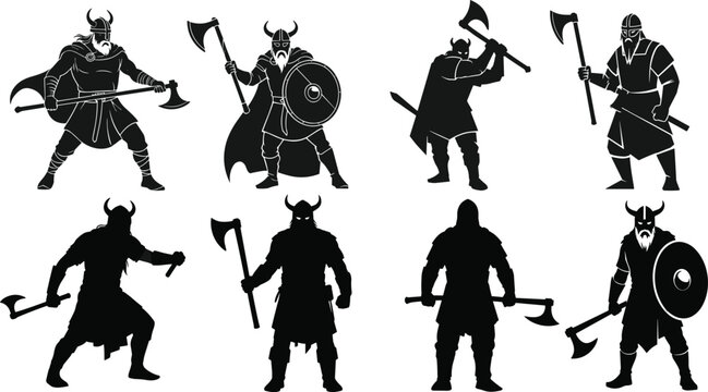 Viking warrior silhouette with axe and shield, medieval Norse fighter illustration, ancient Scandinavian soldier artwork, historical battle vector design