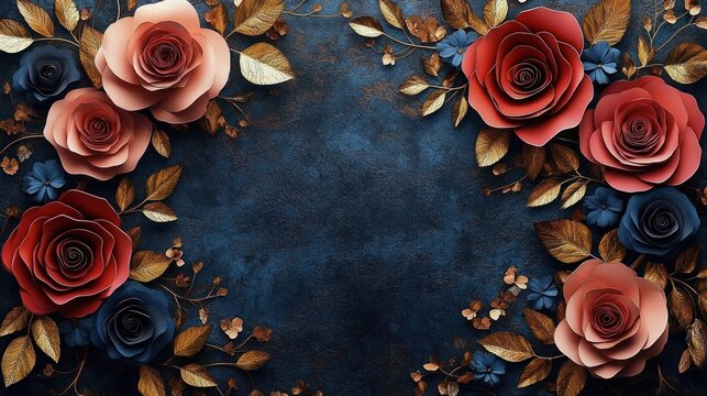 Elegant arrangement of red, peach, and dark blue roses with golden leaves and small flowers on a textured dark blue background conveying sophistication and beauty