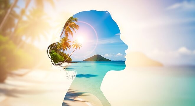 A profile view of a woman, with a tropical beach scene superimposed within her head, highlighting the concept of escaping to paradise in one's mind.