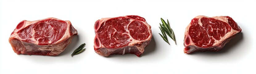 Three raw ribeye steaks with fresh rosemary sprigs placed on a white background showcasing rich marbling and fresh red meat texture