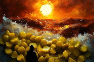 Silhouette of a person standing before a glowing sunset over a sea of yellow spherical shapes, evoking a surreal and contemplative atmosphere