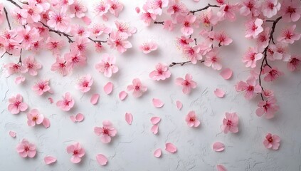 delicate light pink cherry blossom branches with scattered petals on a textured white background conveying calmness and beauty