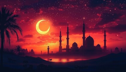 Silhouetted mosque with minarets and domes under a starry twilight sky with glowing crescent moon over tranquil water and desert animals