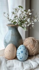Two decorated eggs next to a ball of natural twine and a ceramic vase with white baby's breath flowers on a soft cloth near a window