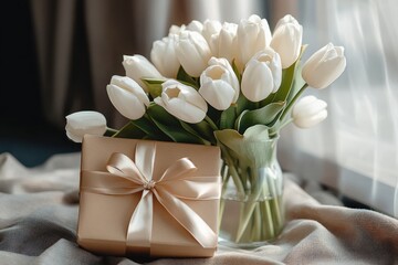Elegant bouquet of white tulips in a glass vase next to a gold gift box wrapped with a satin ribbon on a soft fabric surface by a window with delicate natural light