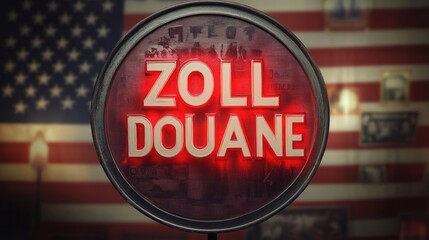 Red illuminated circular sign with bold white text against blurred American flag background conveying customs or border control