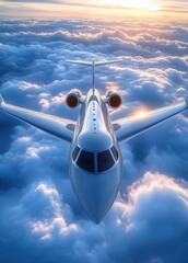 Private jet flying above fluffy clouds during a vibrant sunrise or sunset with soft golden light illuminating the scene and reflecting on the aircraft surface