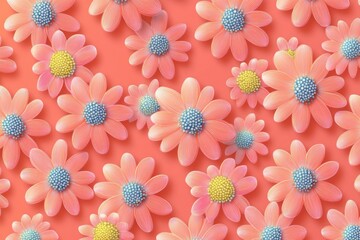 Close-up view of multiple stylized pink and orange flowers with blue and yellow centers arranged on a coral background, conveying a bright and cheerful atmosphere