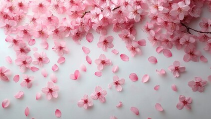 Delicate light pink cherry blossom flowers and petals scattered on a soft white surface creating a serene and gentle atmosphere
