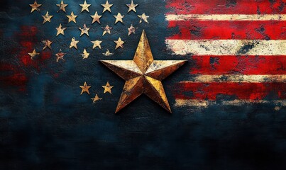 Rustic metal star with distressed smaller stars and horizontal stripes resembling a weathered patriotic flag on textured blue and red background
