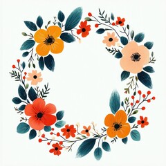 Delicate floral wreath with orange, red, and peach flowers surrounded by green and blue leaves arranged in a circular pattern on a white background