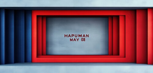 top view of a modern architectural staircase with alternating red and blue rectangular frames surrounding a blue center with the text hapuman may 08