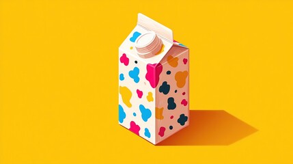 Isometric illustration of a carton of colorful milk.  A rectangular carton of milk, shown in an isometric view, sits against a bright yellow background. The 