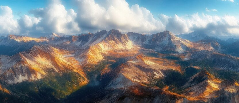 Sunlit rugged mountain range with sharp peaks under a partly cloudy blue sky, highlighting autumn colors in valleys and rocky slopes