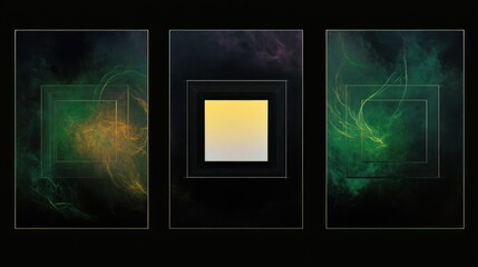 Abstract triptych artwork featuring three rectangular panels with dark backgrounds accented by misty green, yellow, and purple hues, and nested translucent squares creating depth and movement
