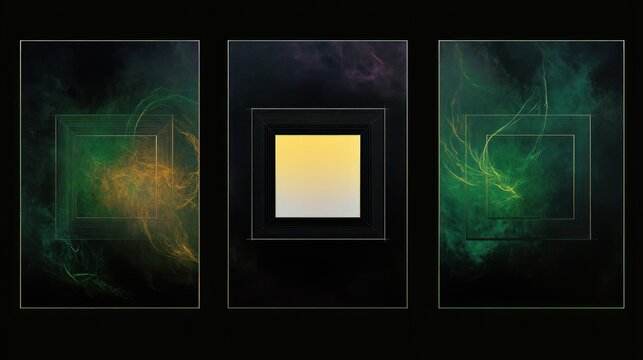 Abstract triptych artwork featuring three rectangular panels with dark backgrounds accented by misty green, yellow, and purple hues, and nested translucent squares creating depth and movement