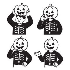 Coloring book coloring page transperency pumpkin head skeleton costume character illustration