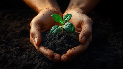 Close-up of hands gently holding soil with a small green plant sprout, symbolizing growth and care in a dark earthy background