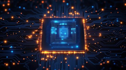 Glowing blue and orange microchip on a dark circuit board with illuminated electronic pathways and digital connections