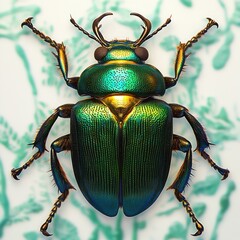 Close-up of a vibrant metallic green and blue beetle with detailed texture and horn-like antennae on a blurred floral background