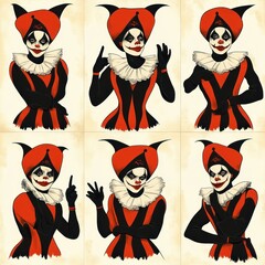 Six portraits of a person dressed as a sinister clown with red and black costume, white ruffled collar, black and white face paint, various hand gestures expressing mischief and emotion