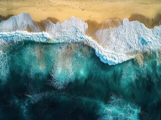 Aerial view of turquoise ocean waves crashing onto a sandy beach with white foam and scattered footprints on wet sand, evoking calm and natural beauty