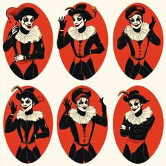 Six portraits of a person dressed as a harlequin with white face paint, red and black jester costume featuring ruffled collars and various expressive hand gestures on a red oval background