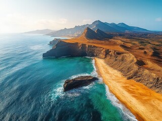 Aerial view of rugged coastline with dramatic rock formations, clear turquoise sea, golden sandy beach, and distant mountains under a bright blue sky