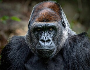Close up Portrait of a Majestic Gorilla with Intricate Facial Detail and Dark Fur in Natural Light Setting