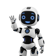 3D illustration of a cute futuristic robot with glowing blue eyes and details, smiling and waving hand. Modern AI technology mascot character isolated on transparent background