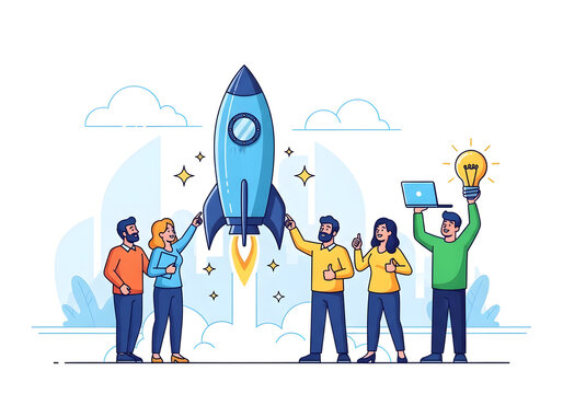 A dedicated team collaborates to launch a successful startup rocket, symbolizing innovation, strategic business development, and the collective effort to achieve new project milestones