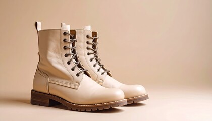 Cream Leather Ankle Boots on Beige Background