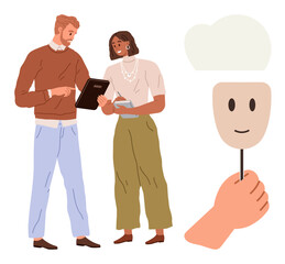 Two coworkers engaged in discussion wearing casual attire alongside a hand holding a mask, symbolizing emotions, authenticity, or hidden identity. Ideal for teamwork, collaboration, communication
