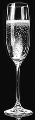 A tall champagne flute filled with sparkling liquid and rising bubbles, illuminated against a black background, displaying elegance and celebration