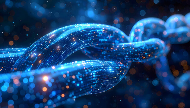 Digital glowing chain links intertwined, representing interconnected data flow and technological concepts.