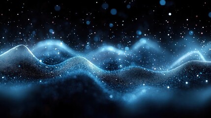 Abstract digital landscape of glowing blue waves with particles floating in dark space creating a mysterious and futuristic atmosphere