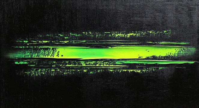 bright neon green horizontal brush strokes on a textured black background creating a glowing streak effect with rough edges