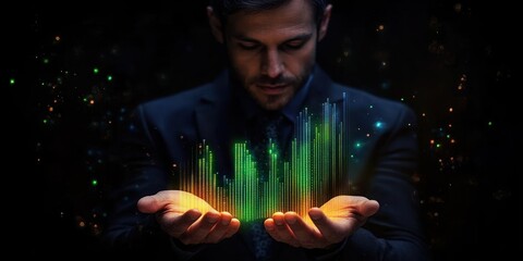 Man in dark suit holding glowing colorful digital data visualization with green and orange bars floating above his open hands in a dark space