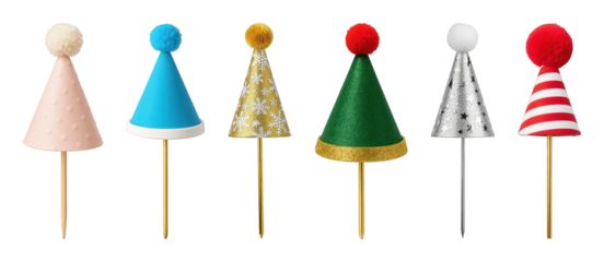 Festive cake topper set including glitter, pom-pom, striped, dotted, and star designs isolated. Party and celebration decorations.