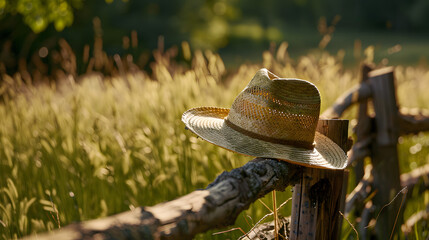 straw hat hanging casuall on wooden fence