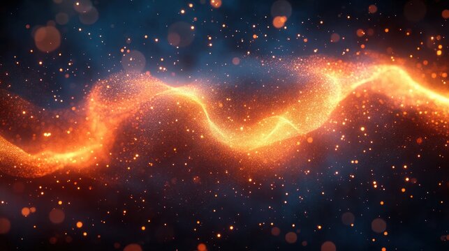 Glowing golden particles swirling in dynamic wave-like pattern against dark blue background creating a sense of energy and motion