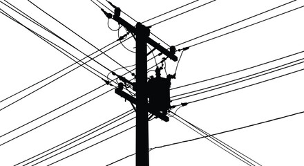 Utility pole silhouette, power lines network, electrical infrastructure, urban energy grid, transformer components, industrial wires, city electricity, dramatic sky backdrop