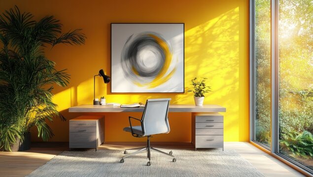 Modern home office with bright yellow wall, large window showing greenery, wooden desk with drawers, swivel chair, indoor plants, abstract wall art, and natural sunlight