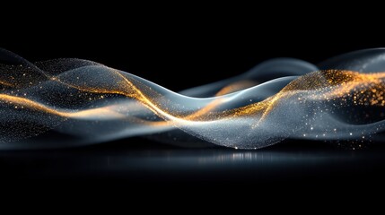Abstract flowing waves of translucent blue and golden particles creating dynamic swirling patterns on a dark background