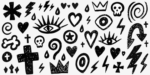 Collection of hand drawn black doodle icons featuring skulls hearts eyes lightning bolts and crowns