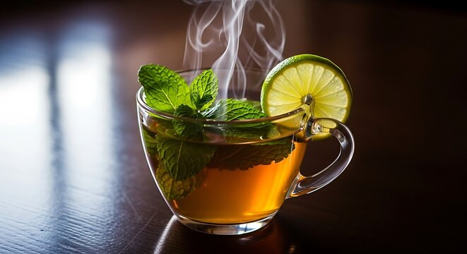 A steaming cup of herbal tea, adorned with fresh mint leaves and a lime slice, rests on a dark wooden surface. - Powered by Adobe