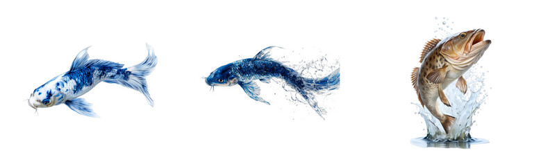 Koi fish and jumping bass aquatic animals, cut out
